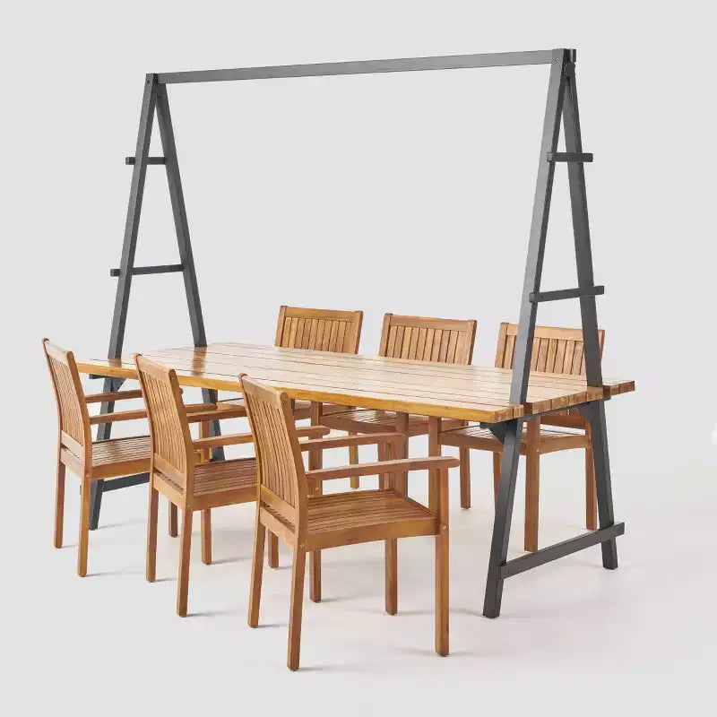 Set da pranzo con fioriera Huckleberry 7 pezzi in legno di acacia e ferro