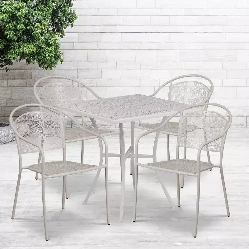 Flash Furniture Oia Set Tavolo da Patio Quadrato da 28 Pollici in Acciaio per Interni ed Esterni per Uso Commerciale con 4 Sedie con Schienale Rotondo