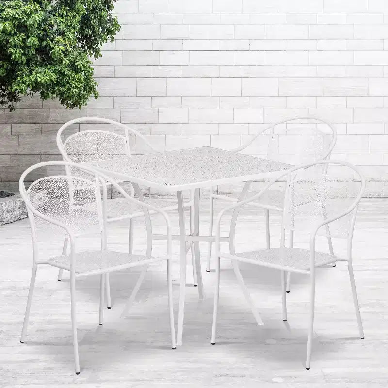 Flash Furniture Oia Set Tavolo da Patio Quadrato da 28 Pollici in Acciaio per Interni ed Esterni per Uso Commerciale con 4 Sedie con Schienale Rotondo