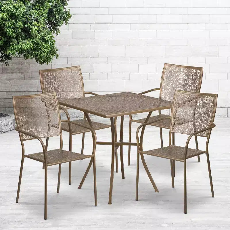 Flash Furniture Oia Set da Tavolo da Patio in Acciaio Quadrato da 28" Commerciale per Interni-Esterni con 4 Sedie a Schienale Quadrato