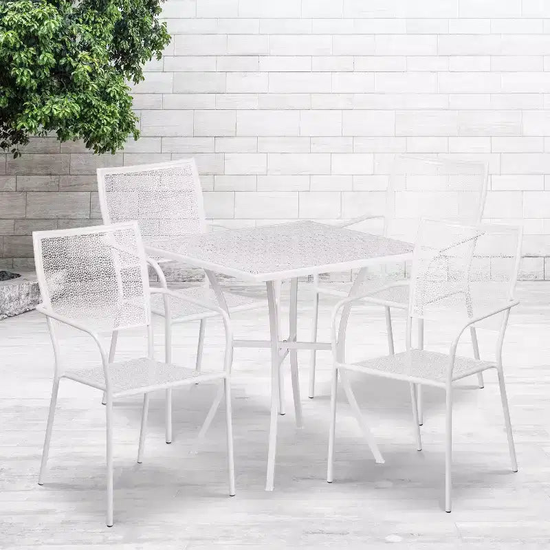Flash Furniture Oia Set da Tavolo da Patio in Acciaio Quadrato da 28" Commerciale per Interni-Esterni con 4 Sedie a Schienale Quadrato