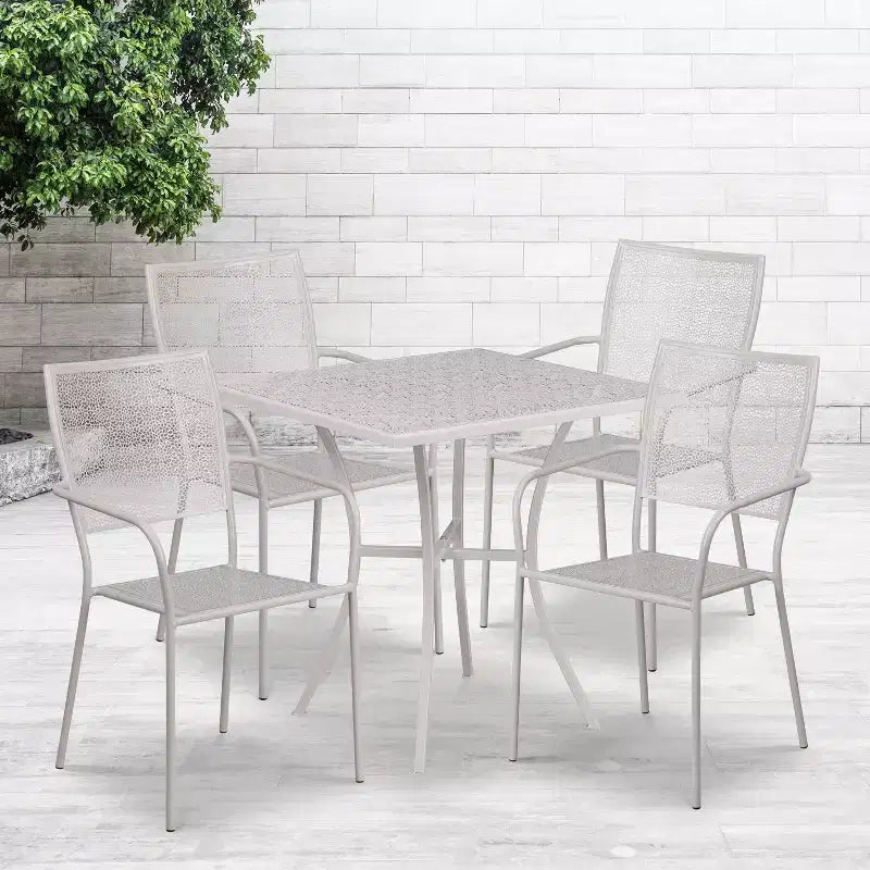Flash Furniture Oia Set da Tavolo da Patio in Acciaio Quadrato da 28" Commerciale per Interni-Esterni con 4 Sedie a Schienale Quadrato
