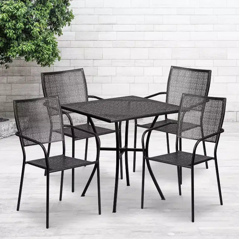 Flash Furniture Oia Set da Tavolo da Patio in Acciaio Quadrato da 28" Commerciale per Interni-Esterni con 4 Sedie a Schienale Quadrato