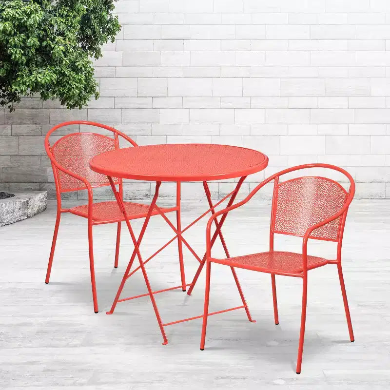 Set tavolo da patio pieghevole in acciaio Flash Furniture Oia commerciale, rotondo da 30", per interni/esterni, con 2 sedie con schienale rotondo