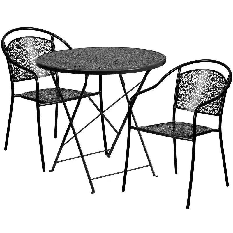 Set tavolo da patio pieghevole in acciaio Flash Furniture Oia commerciale, rotondo da 30", per interni/esterni, con 2 sedie con schienale rotondo