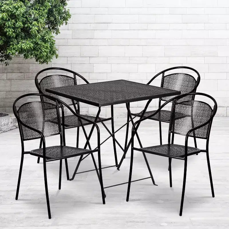 Flash Furniture Oia Set Tavolo Pieghevole da Patio Quadrato da 28" per Interni/Esterni in Acciaio per Uso Commerciale con 4 Sedie con Schienale Rotondo