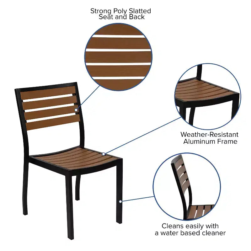 Set da pranzo Flash Furniture Lark da esterno per patio con tavolo da bistrò, 4 sedie e doghe in finto teak in polietilene