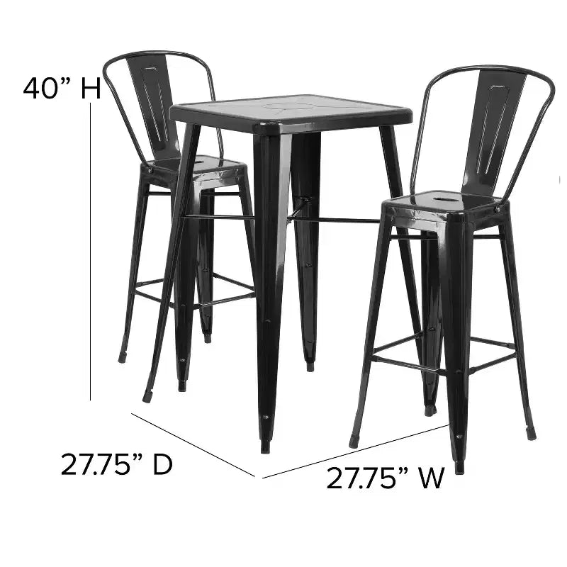 Set da Bar Quadrato in Metallo per Interni-Esterni Emma e Oliver Commercial Grade 60 cm, 2 Sgabelli con Schienale