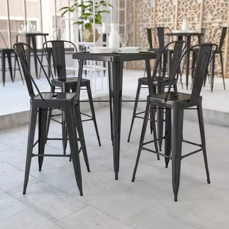 Set da Bar Quadrato in Metallo per Interni-Esterni Emma e Oliver Commercial Grade 60 cm, 2 Sgabelli con Schienale