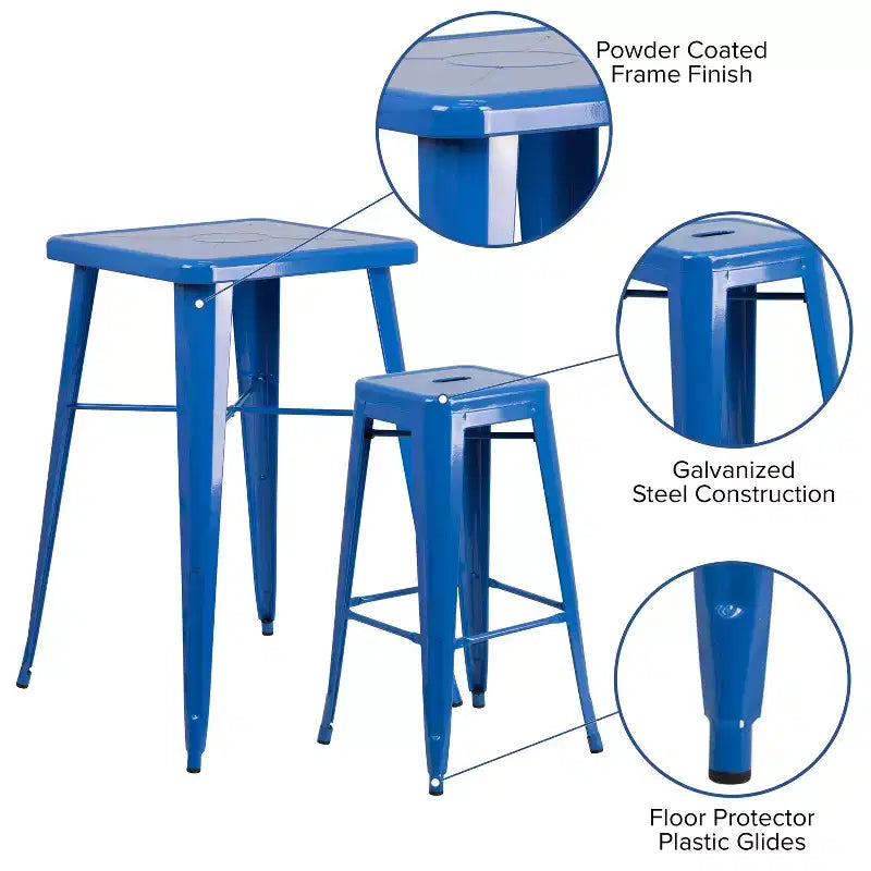 Set da Bar per Interni/Esterni in Metallo Quadrato 23.75 Emma and Oliver e 2 Sgabelli Senza Schienale di Qualità Commerciale