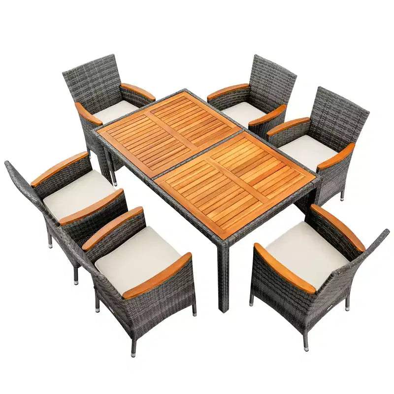 Set da pranzo da esterni Costway 7 pezzi in rattan, tavolo in legno di acacia, sedie imbottite, grigio misto