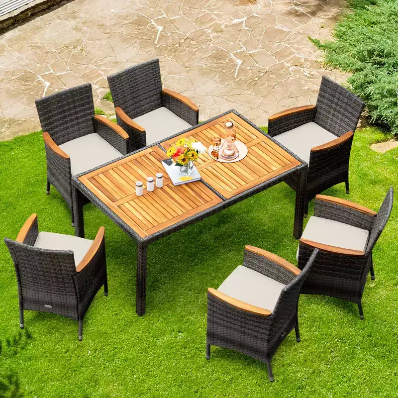 Set da pranzo da esterni Costway 7 pezzi in rattan, tavolo in legno di acacia, sedie imbottite, grigio misto