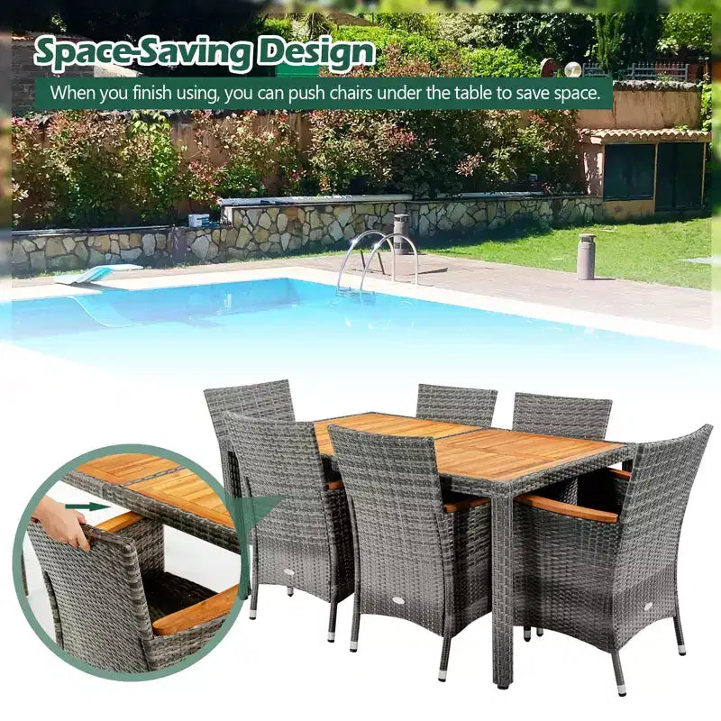 Set da pranzo da esterni Costway 7 pezzi in rattan, tavolo in legno di acacia, sedie imbottite, grigio misto