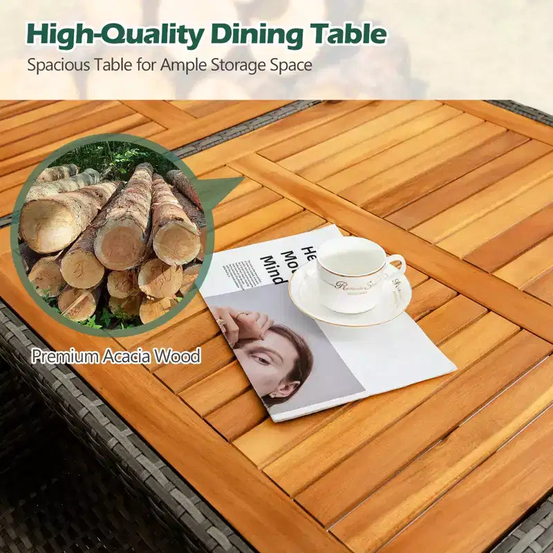 Set da pranzo da esterni Costway 7 pezzi in rattan, tavolo in legno di acacia, sedie imbottite, grigio misto