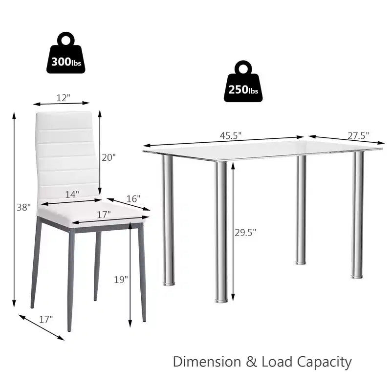 Costway Set da Pranzo 5 Pezzi Tavolo 75 cm e 4 Sedie in Vetro Metallo Arredamento Cucina Colazione Bianco
