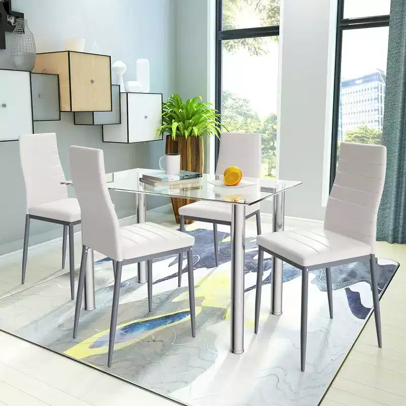 Costway Set da Pranzo 5 Pezzi Tavolo 75 cm e 4 Sedie in Vetro Metallo Arredamento Cucina Colazione Bianco