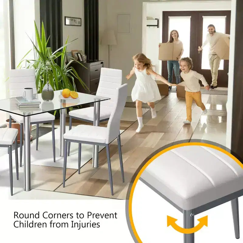 Costway Set da Pranzo 5 Pezzi Tavolo 75 cm e 4 Sedie in Vetro Metallo Arredamento Cucina Colazione Bianco