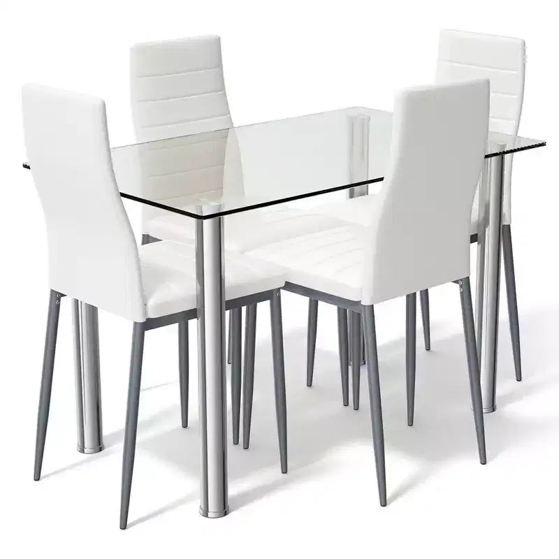 Costway Set da Pranzo 5 Pezzi Tavolo 75 cm e 4 Sedie in Vetro Metallo Arredamento Cucina Colazione Bianco