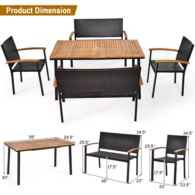 Costway Set da Pranzo per Esterni 5 pz in Rattan con Piano Tavolo in Legno di Acacia Sedie Impilabili e Panca
