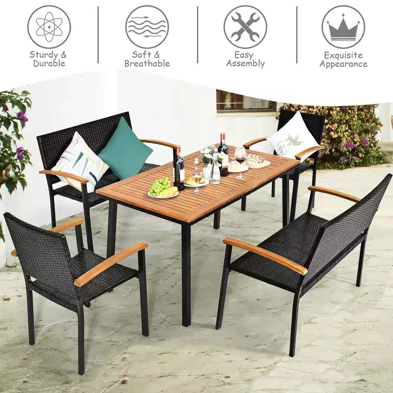 Costway Set da Pranzo per Esterni 5 pz in Rattan con Piano Tavolo in Legno di Acacia Sedie Impilabili e Panca