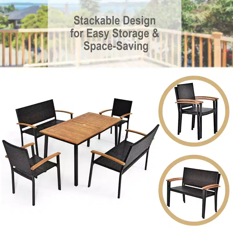 Costway Set da Pranzo per Esterni 5 pz in Rattan con Piano Tavolo in Legno di Acacia Sedie Impilabili e Panca