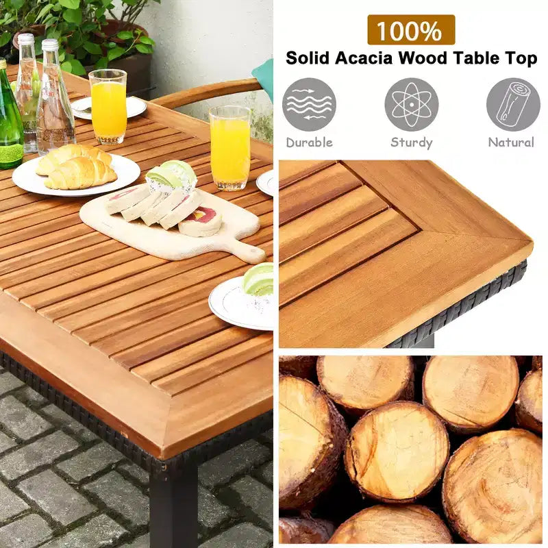 Costway Set da Pranzo per Esterni 5 pz in Rattan con Piano Tavolo in Legno di Acacia Sedie Impilabili e Panca