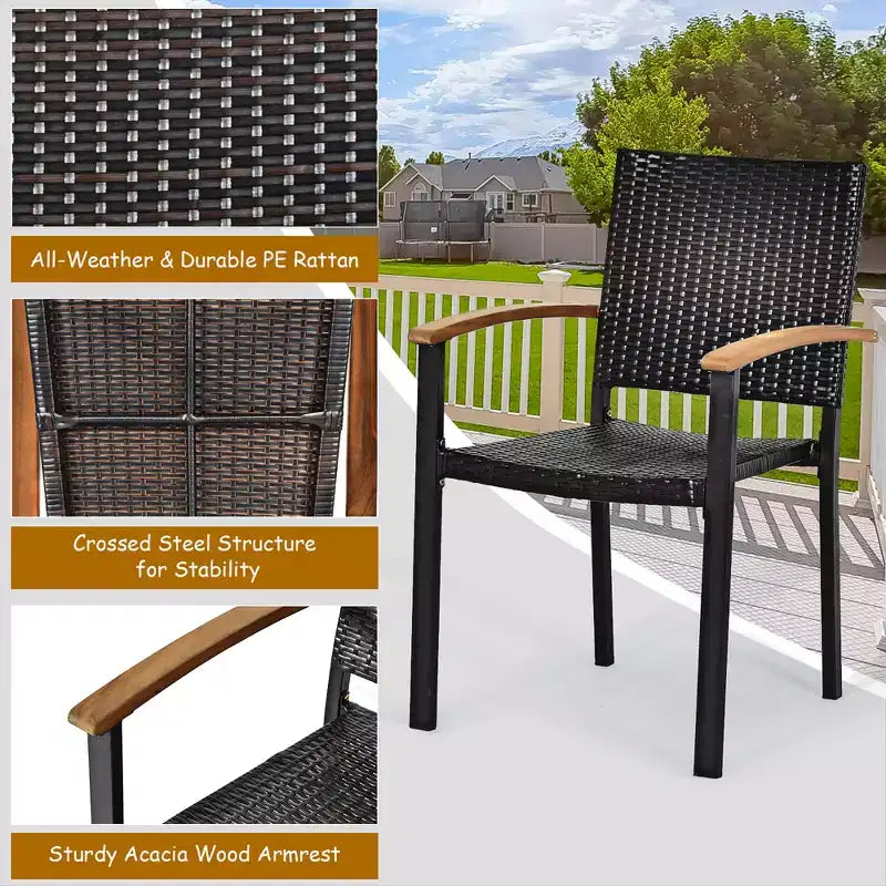 Costway Set da Pranzo per Esterni 5 pz in Rattan con Piano Tavolo in Legno di Acacia Sedie Impilabili e Panca