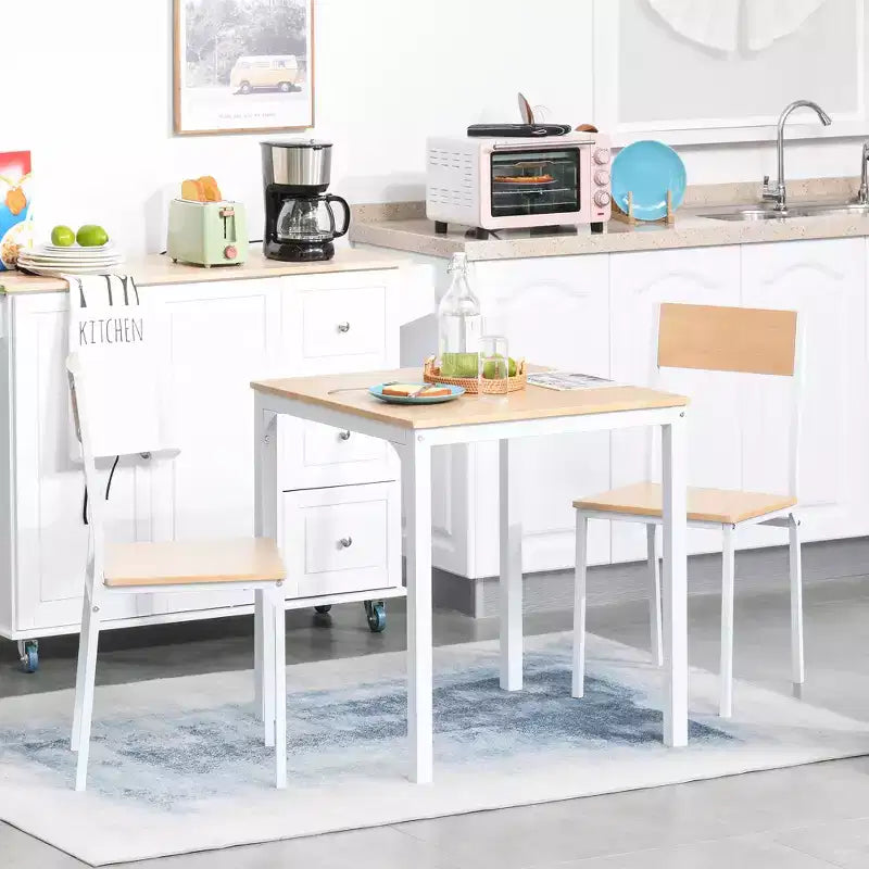 HOMCOM Set da 3 Pezzi Tavolo Quadrato da Pranzo in Legno con 1 Tavolo e 2 Sedie e Robusto Telaio in Metallo per Piccoli Spazi, Bianco