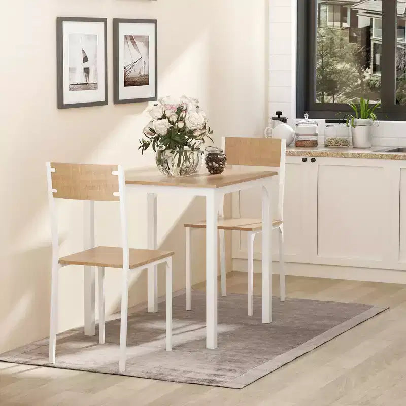 HOMCOM Set da 3 Pezzi Tavolo Quadrato da Pranzo in Legno con 1 Tavolo e 2 Sedie e Robusto Telaio in Metallo per Piccoli Spazi, Bianco