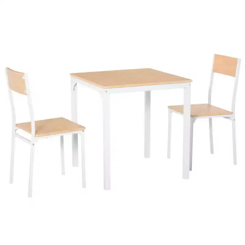HOMCOM Set da 3 Pezzi Tavolo Quadrato da Pranzo in Legno con 1 Tavolo e 2 Sedie e Robusto Telaio in Metallo per Piccoli Spazi, Bianco