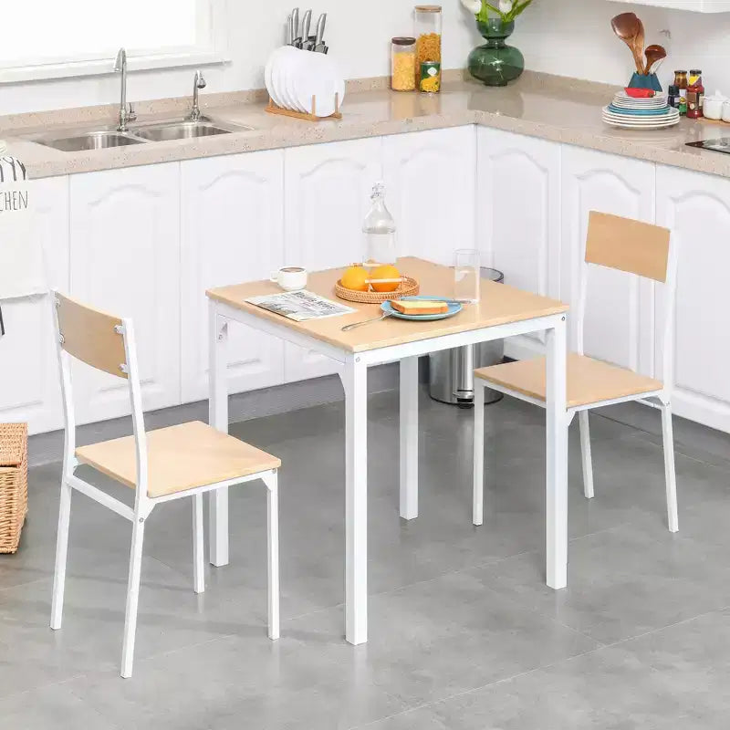 HOMCOM Set da 3 Pezzi Tavolo Quadrato da Pranzo in Legno con 1 Tavolo e 2 Sedie e Robusto Telaio in Metallo per Piccoli Spazi, Bianco
