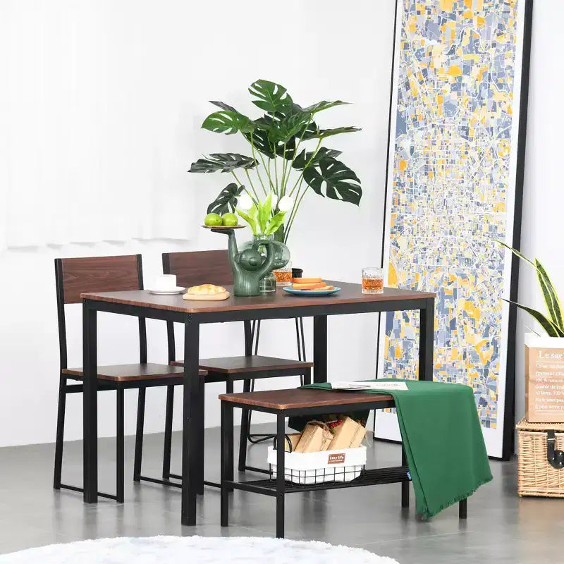 Set da tavolo da pranzo HOMCOM industriale a 4 pezzi con panca, tavolo e sedie da cucina in legno con ripiano portaoggetti per cucina, sala da pranzo, nero/marrone