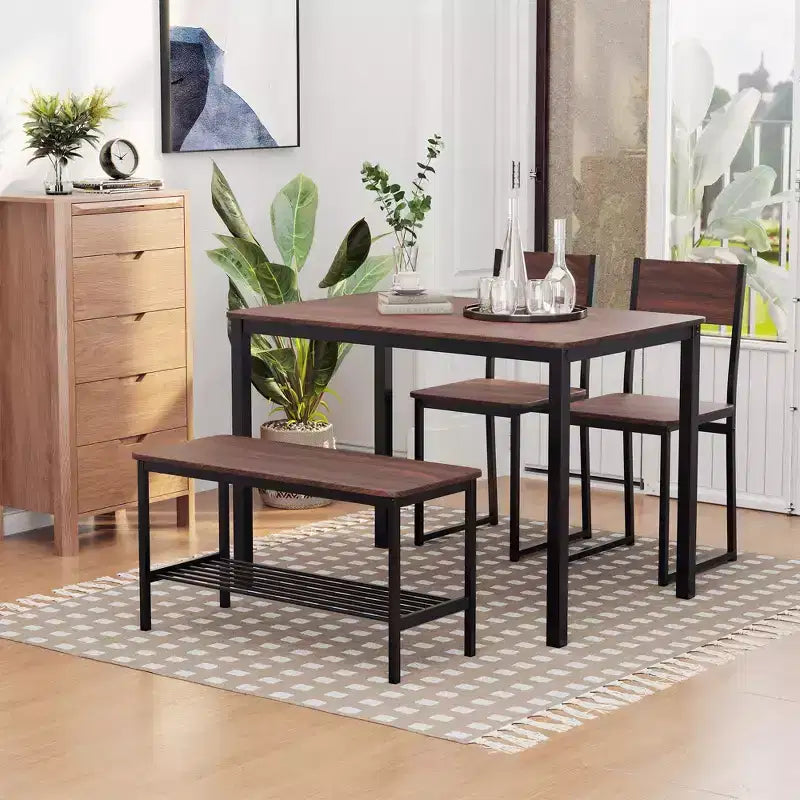Set da tavolo da pranzo HOMCOM industriale a 4 pezzi con panca, tavolo e sedie da cucina in legno con ripiano portaoggetti per cucina, sala da pranzo, nero/marrone