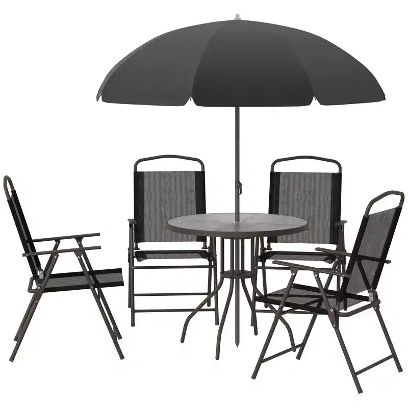 Set da pranzo da giardino Outsunny 6 pezzi per 4 persone con ombrellone, 4 sedie pieghevoli e tavolo rotondo in vetro per giardino, cortile e bordo piscina