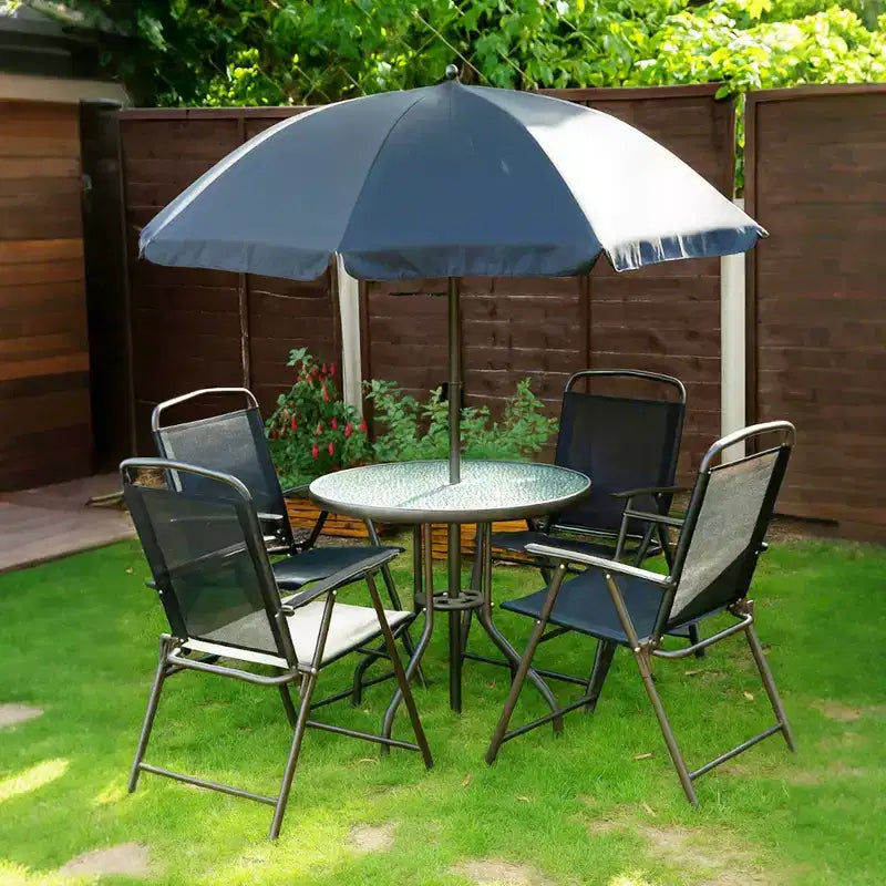 Set da pranzo da giardino Outsunny 6 pezzi per 4 persone con ombrellone, 4 sedie pieghevoli e tavolo rotondo in vetro per giardino, cortile e bordo piscina