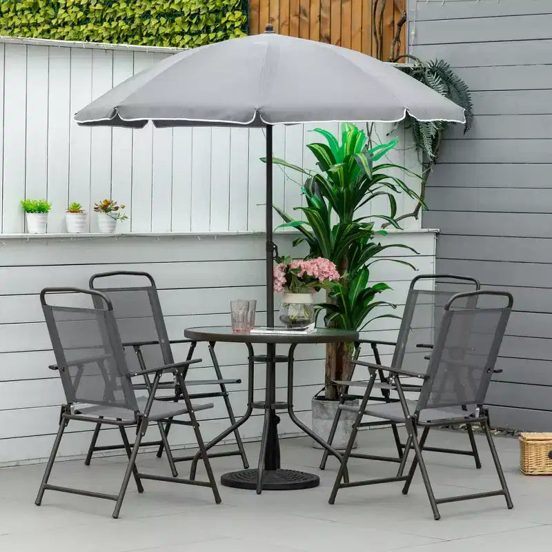 Set da pranzo da giardino Outsunny 6 pezzi per 4 persone con ombrellone, 4 sedie pieghevoli e tavolo rotondo in vetro per giardino, cortile e bordo piscina