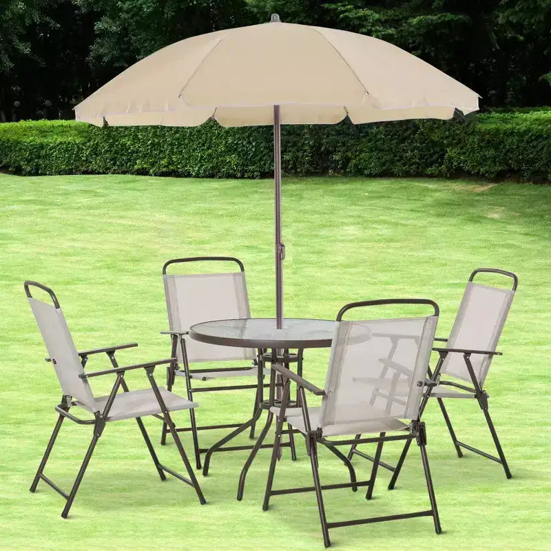 Set da pranzo da giardino Outsunny 6 pezzi per 4 persone con ombrellone, 4 sedie pieghevoli e tavolo rotondo in vetro per giardino, cortile e bordo piscina