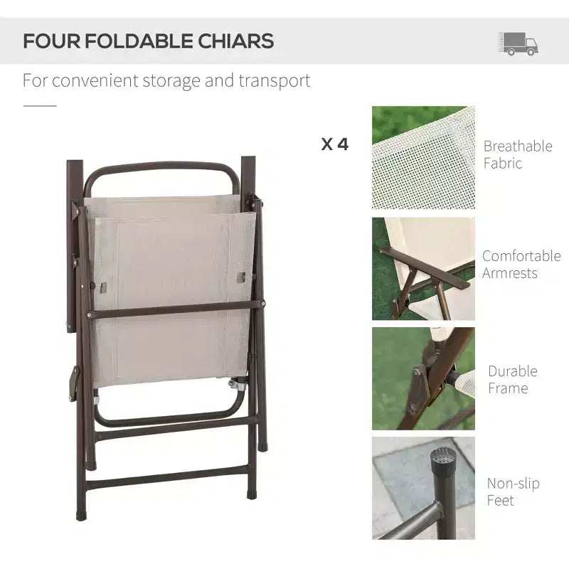 Set da pranzo da giardino Outsunny 6 pezzi per 4 persone con ombrellone, 4 sedie pieghevoli e tavolo rotondo in vetro per giardino, cortile e bordo piscina