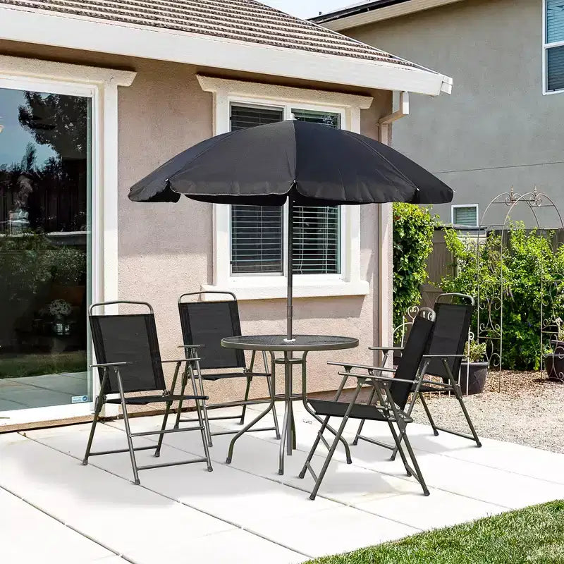 Set da pranzo da giardino Outsunny 6 pezzi per 4 persone con ombrellone, 4 sedie pieghevoli e tavolo rotondo in vetro per giardino, cortile e bordo piscina