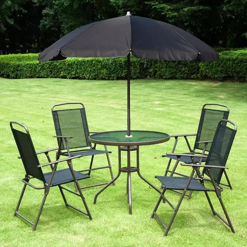 Set da pranzo da giardino Outsunny 6 pezzi per 4 persone con ombrellone, 4 sedie pieghevoli e tavolo rotondo in vetro per giardino, cortile e bordo piscina