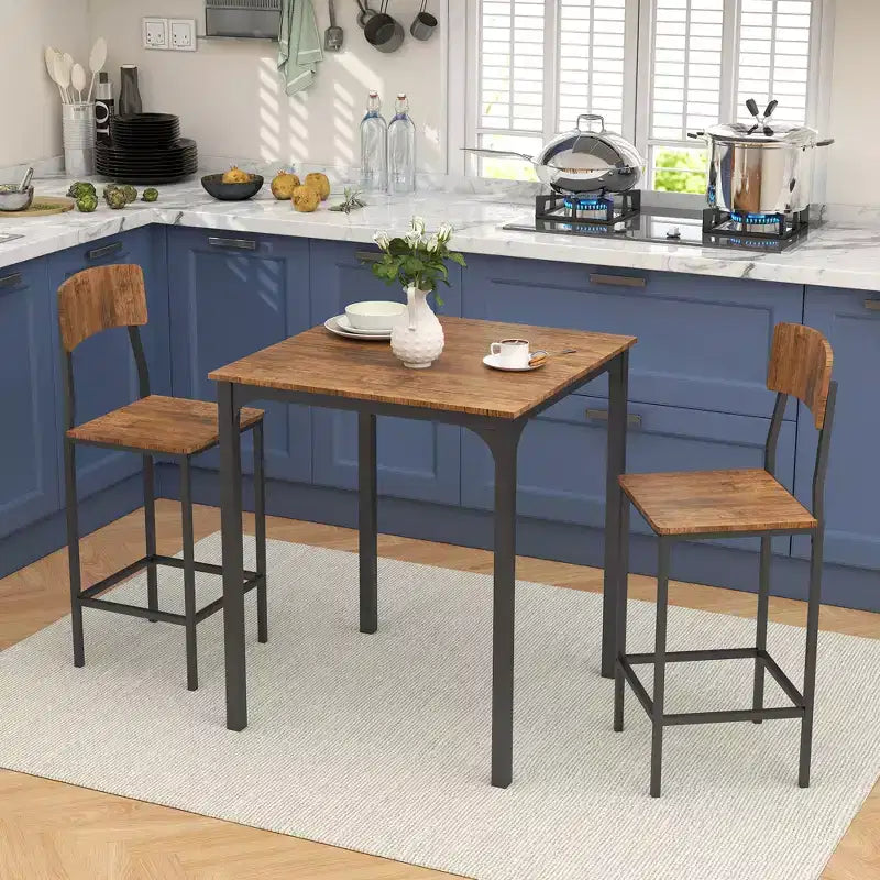 HOMCOM Set Tavolo da Bar e 2 Sgabelli, Set Tavolo Alto e Sedie con Gambe in Acciaio e Poggiapiedi, 3 Pezzi, Stile Industriale