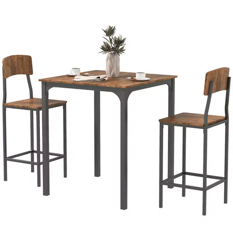 HOMCOM Set Tavolo da Bar e 2 Sgabelli, Set Tavolo Alto e Sedie con Gambe in Acciaio e Poggiapiedi, 3 Pezzi, Stile Industriale