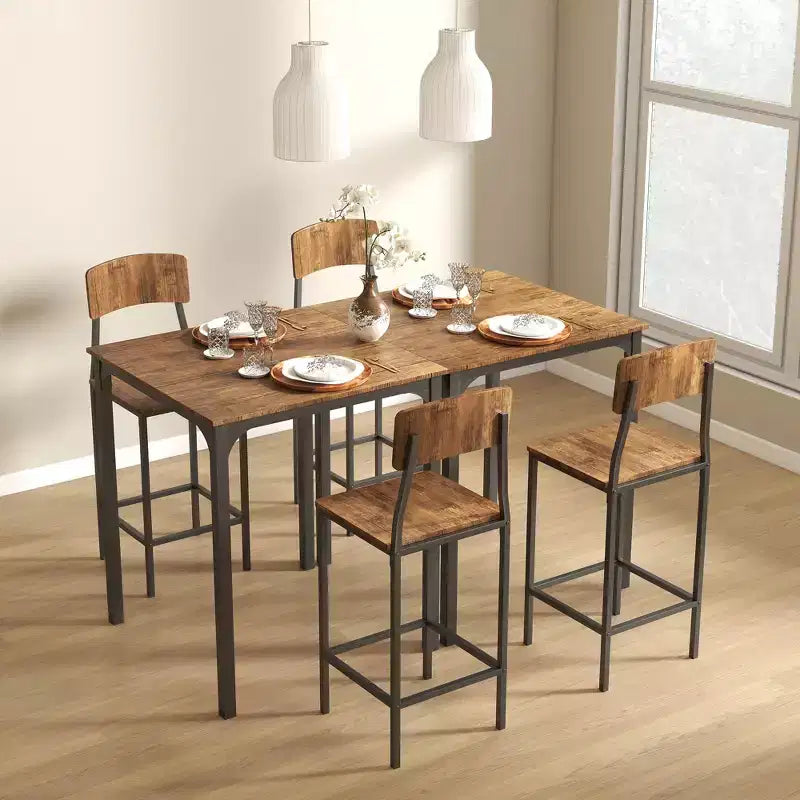 HOMCOM Set Tavolo da Bar e 2 Sgabelli, Set Tavolo Alto e Sedie con Gambe in Acciaio e Poggiapiedi, 3 Pezzi, Stile Industriale