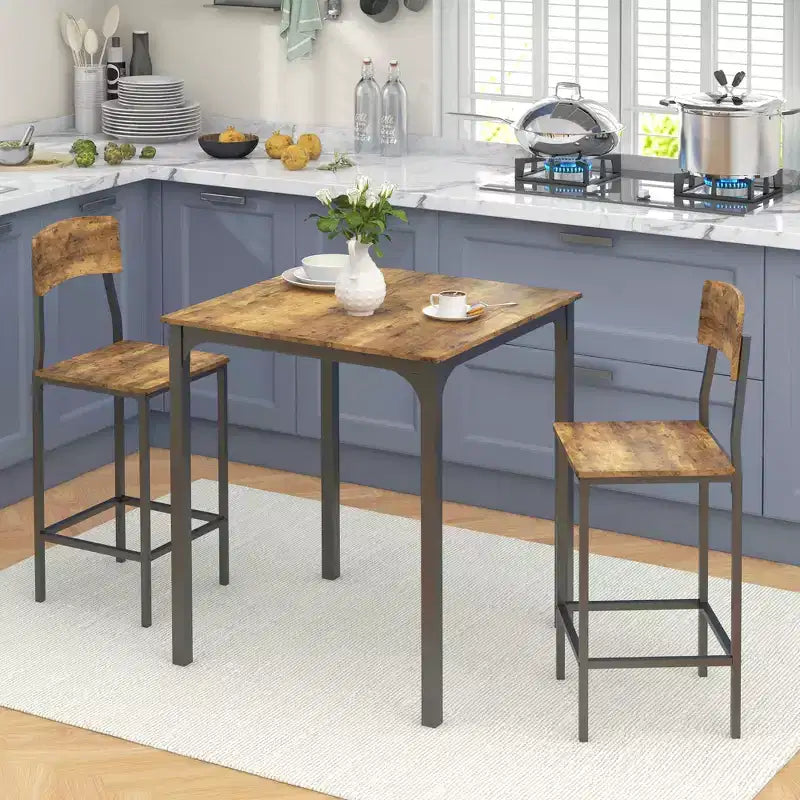 HOMCOM Set Tavolo da Bar e 2 Sgabelli, Set Tavolo Alto e Sedie con Gambe in Acciaio e Poggiapiedi, 3 Pezzi, Stile Industriale