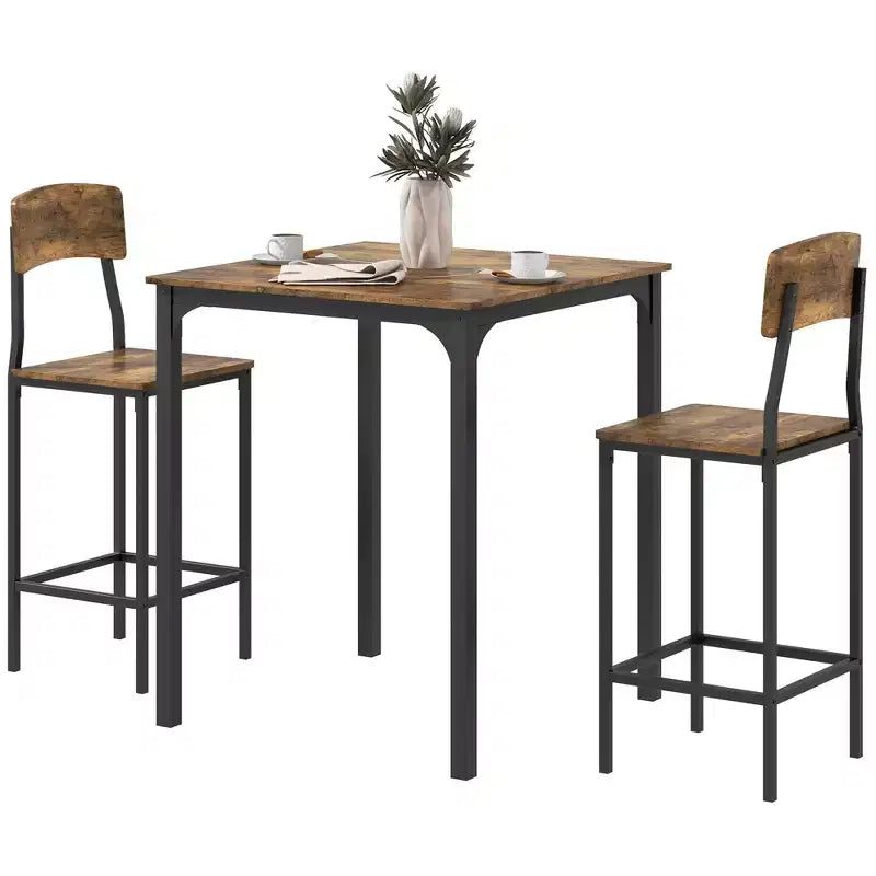HOMCOM Set Tavolo da Bar e 2 Sgabelli, Set Tavolo Alto e Sedie con Gambe in Acciaio e Poggiapiedi, 3 Pezzi, Stile Industriale