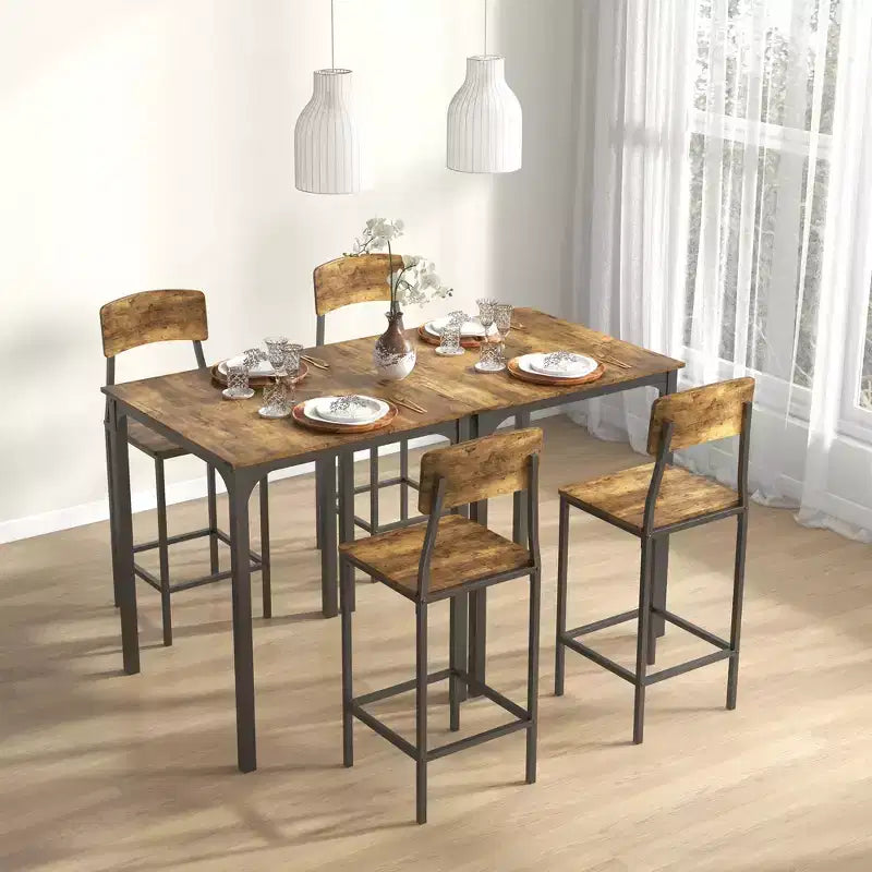 HOMCOM Set Tavolo da Bar e 2 Sgabelli, Set Tavolo Alto e Sedie con Gambe in Acciaio e Poggiapiedi, 3 Pezzi, Stile Industriale