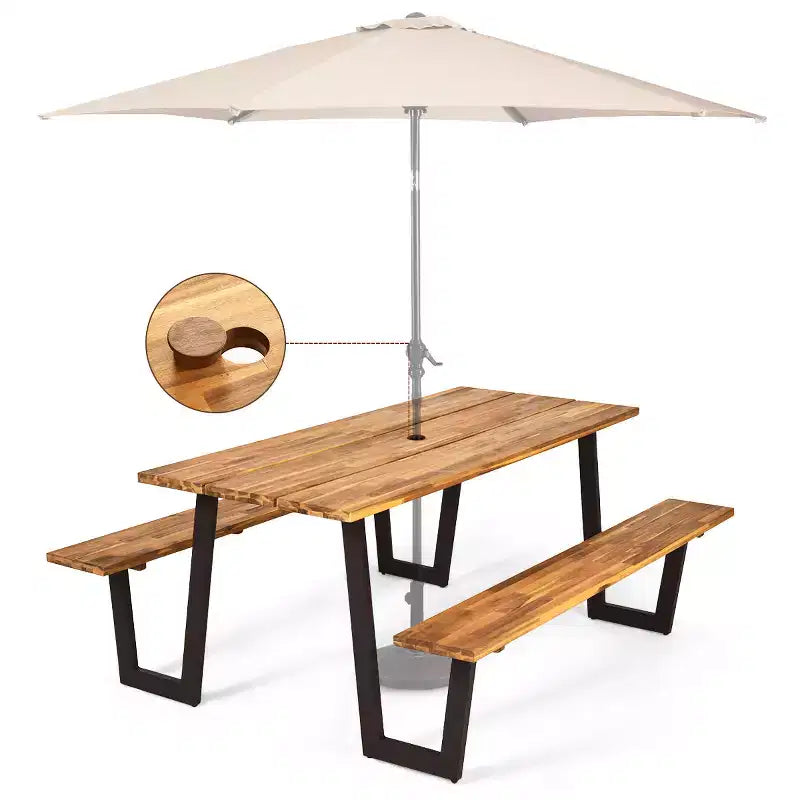 Tavolo da picnic brevettato Costway con 2 panche, set da pranzo da 70'' con sedute e foro per ombrellone