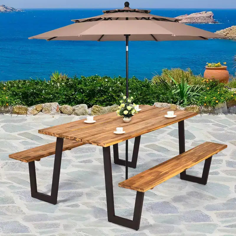 Tavolo da picnic brevettato Costway con 2 panche, set da pranzo da 70'' con sedute e foro per ombrellone