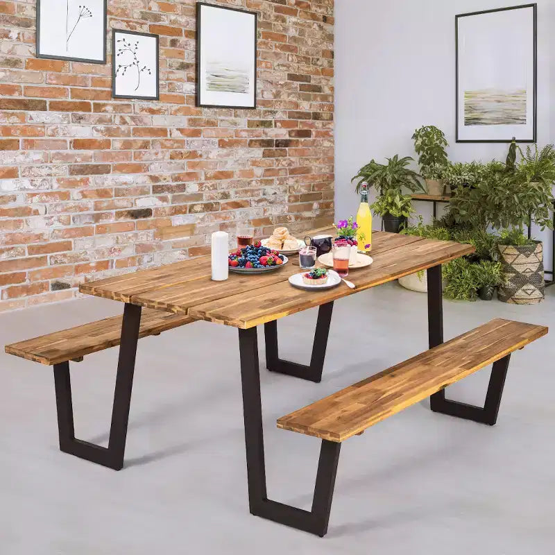 Tavolo da picnic brevettato Costway con 2 panche, set da pranzo da 70'' con sedute e foro per ombrellone
