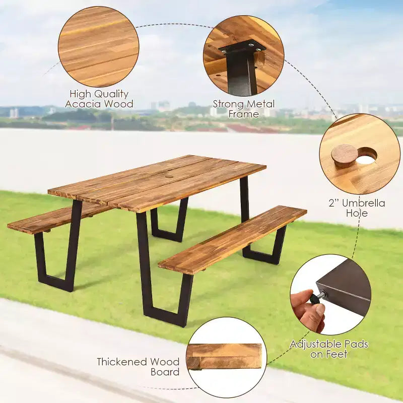 Tavolo da picnic brevettato Costway con 2 panche, set da pranzo da 70'' con sedute e foro per ombrellone